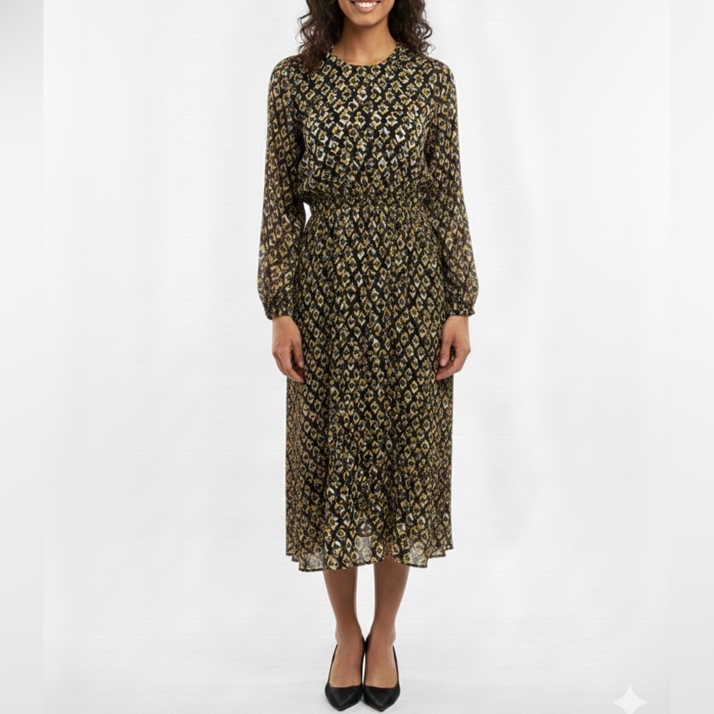 NWT Lola Italy Silk Blend Long Sleeve Geometric Midi Dress Bohemian Sz M